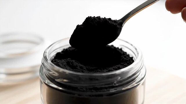 Hand scooping activated charcoal powder from a glass jar. Stirring black detox ingredient with a spoon. Health and beauty concept with copy space