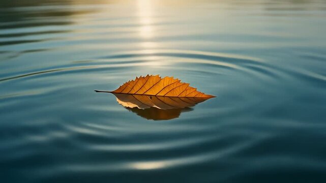 Single autumn leaf floating on rippling water surface golden hour light