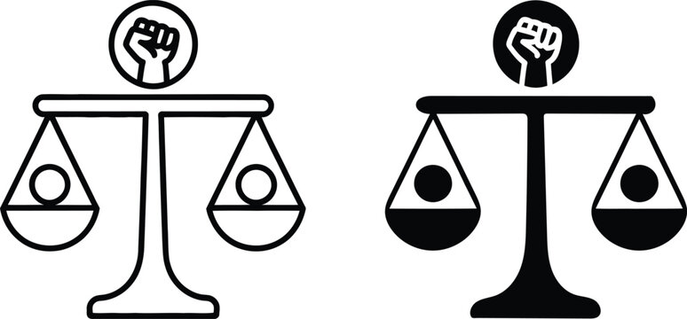 Balanced and unbalanced justice scale icons with raised fist symbol
