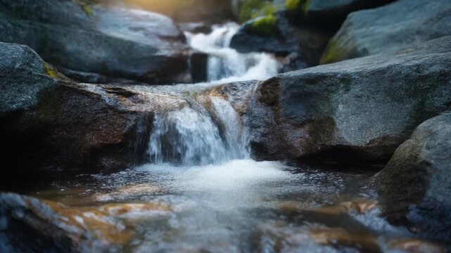 Clear mountain stream flowing over rocks in lush forest nature scene