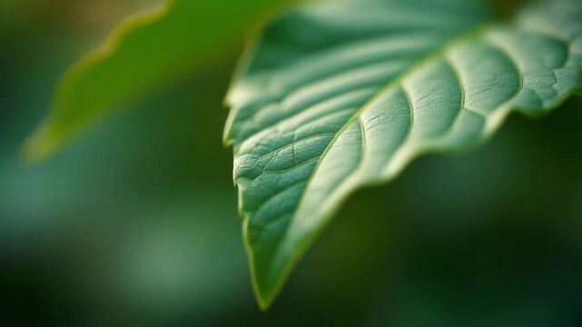 Close up macro shot of textured green leaf veins with soft bokeh background