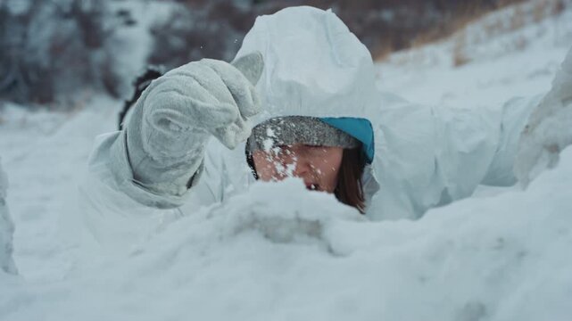 White technician grabbing icy ledge before fall, frantic struggle and slip, loud shout and tumbling motion down frozen slope, adrenalinefilled survival moment on remote snowy ridge