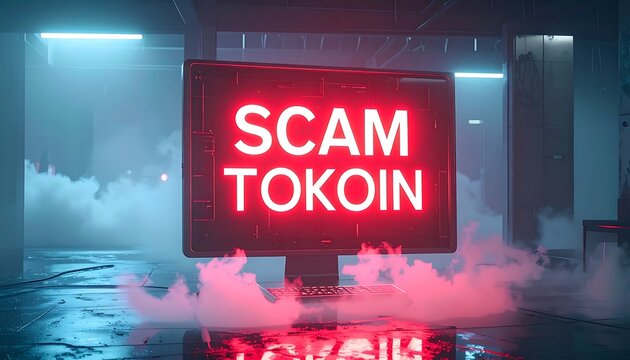 Glowing neon sign displaying 'SCAM TOKOIN' text in a dark, smoky, futuristic room with blue and red lighting, symbolizing financial fraud and cryptocurrency deception