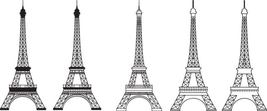 Five eiffel tower outlines, one solid black silhouette, four line variations on white background paris