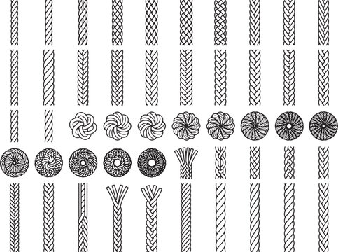 Variety of intricate rope and braided pattern designs in a detailed display, each design showcasing a unique texture and weave in a clean presentation.
