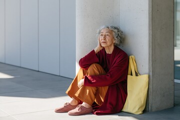 Fototapeta premium Older woman sitting on tiled floor leaning on a concrete column with a yellow tote in a minimalist modern plaza for calm wellness background