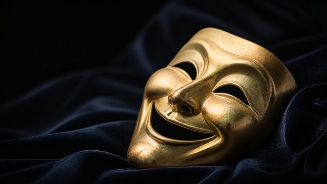 acculturation. Theatrical comedy mask with wide grin on dark velvet cloth, soft spotlight. event programs, museum guides, designed for cultural heritage projects and event programs.
