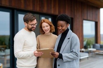 Obraz premium Diverse real estate team discussing contract and floorplans with young couple in front of modern wooden house for home tour and client meeting