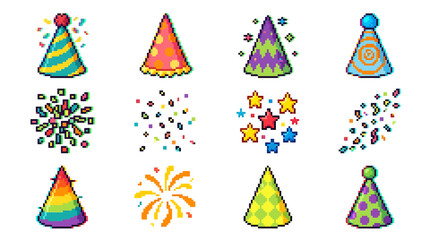 Naklejka premium Colorful pixel art game element collection featuring festive party hats, exploding confetti, and celebratory graphics, perfect for digital designs and entertainment