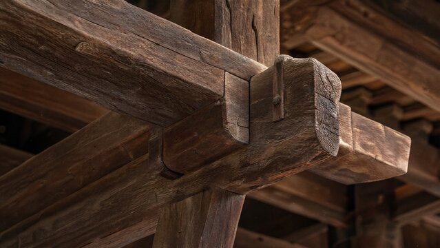tenon. Ancient wooden beam with mortise and tenon joint, detailed texture. real-estate listings, architecture portfolios, designed for real-estate listing and luxury residence showcases.
