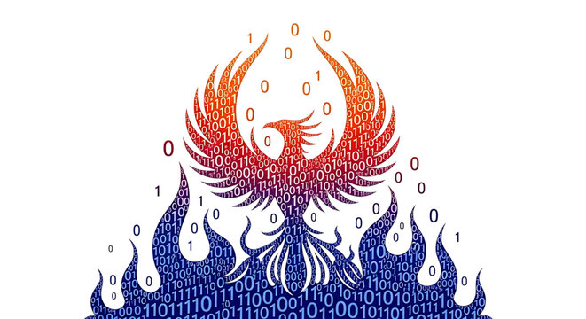Digital phoenix bird rising from binary code flames
