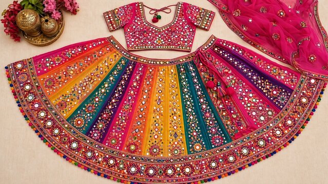 choli. A vibrant ghagra choli with mirror work embroidery, displayed flat from above. event programs, museum guides, designed for cultural heritage projects and event programs, preserves heritage.