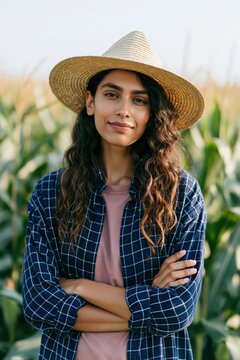 Woman in a straw hat and checked shirt standing in a cornfield portrait for outdoor background and banner design focused on sustainable farming and countryside lifestyle