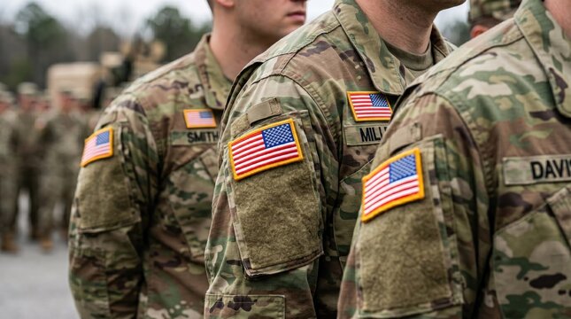 US Army soldiers standing in a row with American flag patches