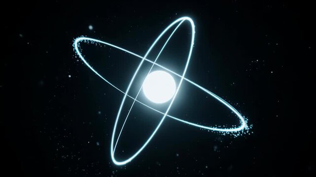 Glowing atom with particles orbiting nucleus, dark background