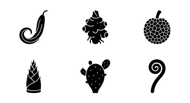 Six Black Silhouette Icons: Chili Pepper, Ginger Root, Jackfruit, Bamboo Shoot, Cactus, Fern Frond. Minimalist Food and Plant Vector Graphics for Culinary and Botanical Design.