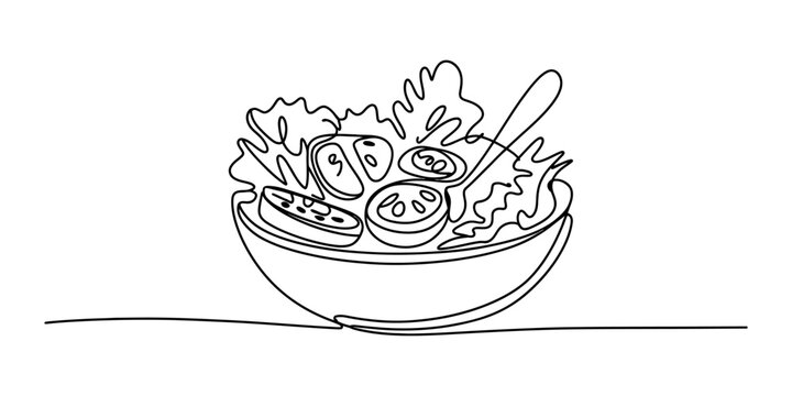 Fresh vegetable salad bowl with tomato and lettuce drawn in a continuous single line art style for healthy food and diet concept design illustration icon Vector, illustration