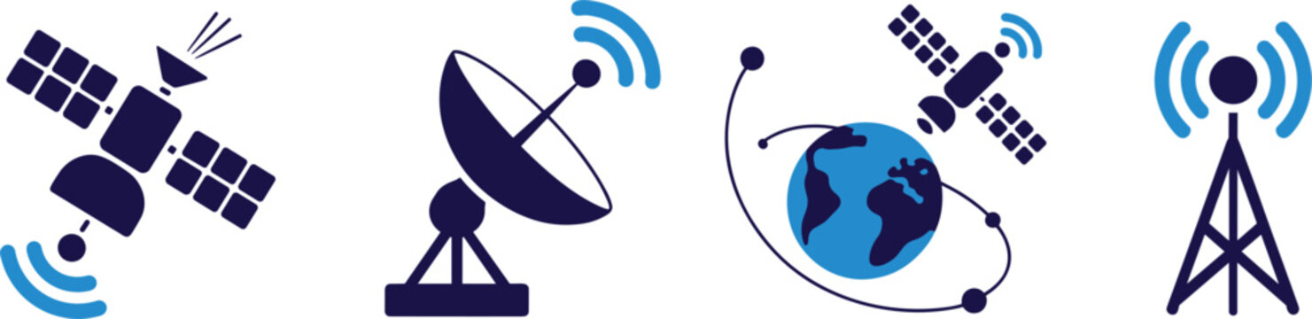 Four stylized depicting satellite, satellite dish, earth with orbiting satellites, and radio tower, in navy blue and bright blue