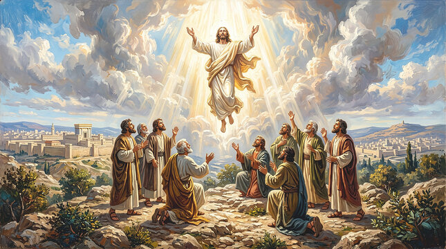 Classic oil painting of the Ascension of Jesus Christ into heaven. Biblical illustration of disciples looking up in awe with divine light rays and ancient Jerusalem city landscape background.