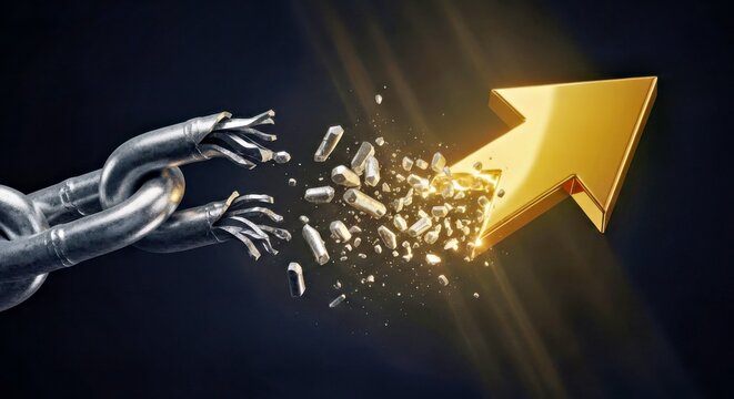 Golden Sparkling Arrow Breaking Free From Chain Against Dark Background