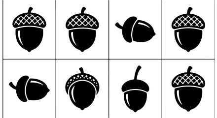 Set of 8 Black and White Acorn Icons, Vector Graphics for Autumn and Nature Themes, Simple Seed Illustrations © Anwar