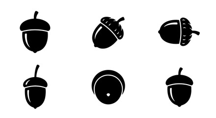 Six Black Acorn Icons, Vector Set: Autumn Harvest Symbols, Oak Nut Illustrations for Nature Graphics, Seasonal Design Elements © Anwar