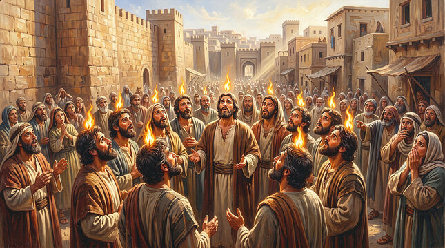 Classic oil painting of the Day of Pentecost, Holy Spirit tongues of fire descending on apostles. Biblical Christian illustration with ancient Jerusalem crowd and divine light.