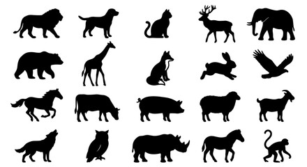 Naklejka premium Diverse Animal Silhouettes Collection, 20 Vector Icons for Wildlife and Nature Projects, Mammal and Bird Graphics