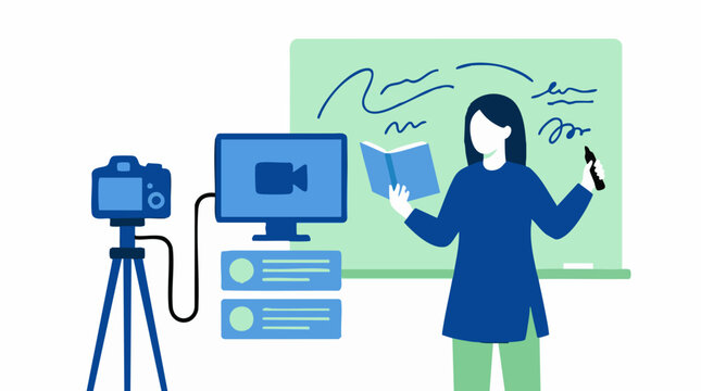 E-learning setup: teacher, camera, and computer for online classes