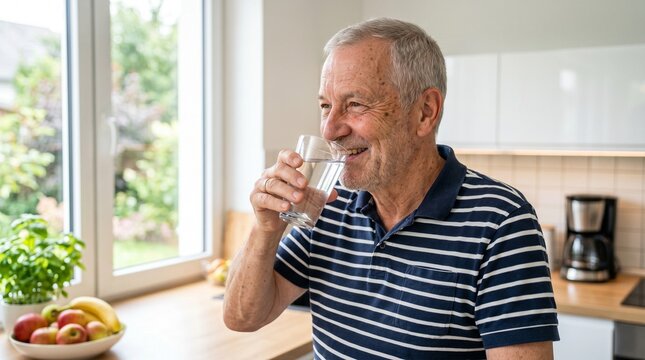 A smiling elderly man sits at home, holding a glass of healthy water, reminiscing about good times and his healthy routine