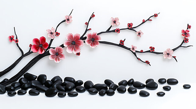 A plum blossom branch with pink and red flowers
