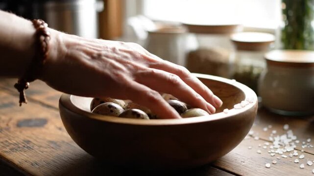 Close-up of a hand arranging speckled quail eggs in a wooden bowl on a rustic kitchen surface with ingredients