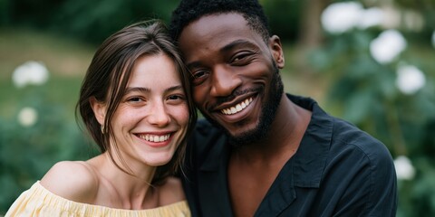 Fototapeta premium Closeup interracial couple laughing together in a park portrait for relationship background and natural lifestyle banner
