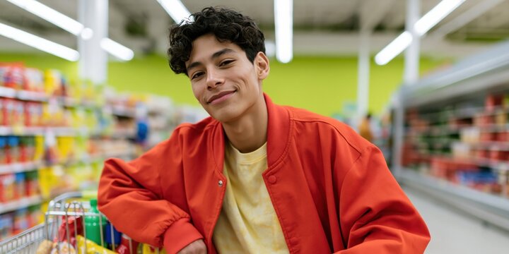Smiling young man leaning on shopping cart in bright supermarket aisle for retail marketing banner and grocery background