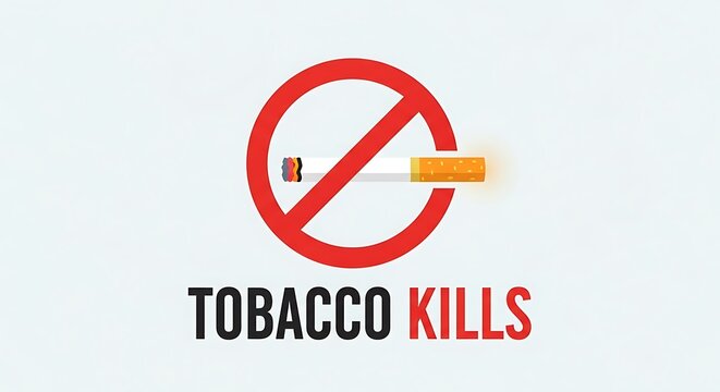 Tobacco kills warning sign with lit cigarette, no smoking prohibition symbol, anti-smoking health campaign graphic for medical awareness