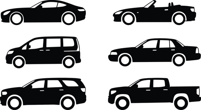 Black silhouette of six different car body types including coupe convertible minivan sedan suv and pickup truck arranged in two rows on a white background
