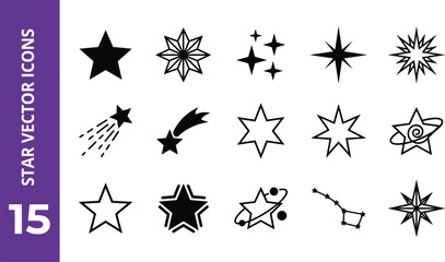Fototapeta premium Collection of fifteen black star featuring various shapes including shooting stars constellations and geometric star symbols on a white background with a purple sidebar