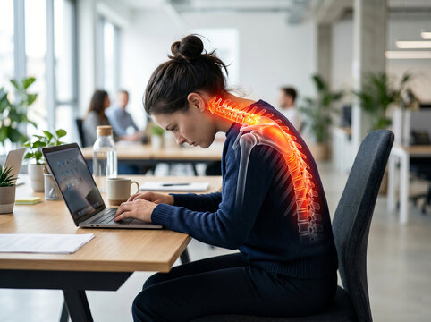 Faceless female office worker typing with glowing tech neck pain