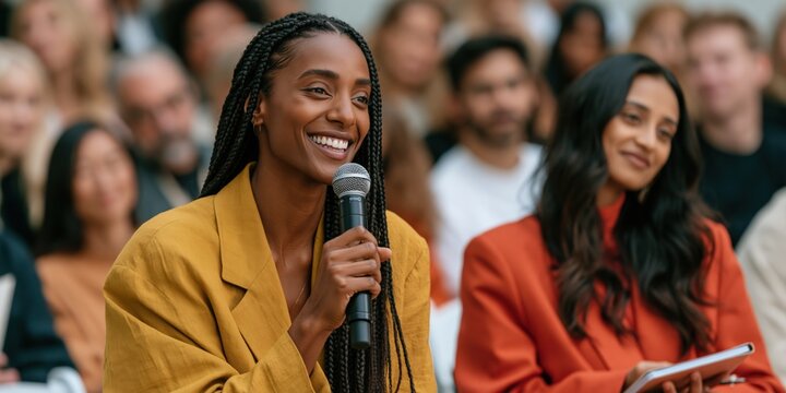 Smiling woman asking question with microphone at conference audience for event engagement banner and seminar background