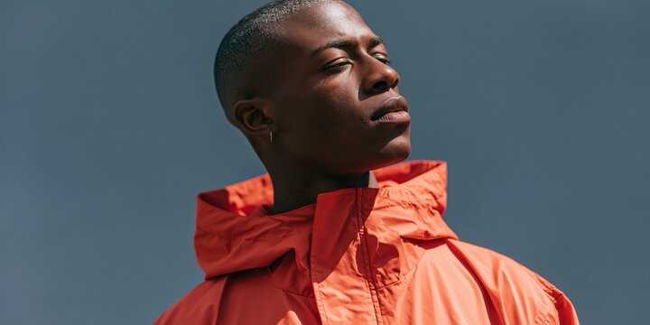 Close-up profile portrait of black man wearing orange hooded jacket against cool grey sky for fashion background and banner design