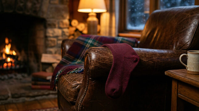 Cozy Fireside Armchair with Blanket and Sock Winter Evening Comfort.