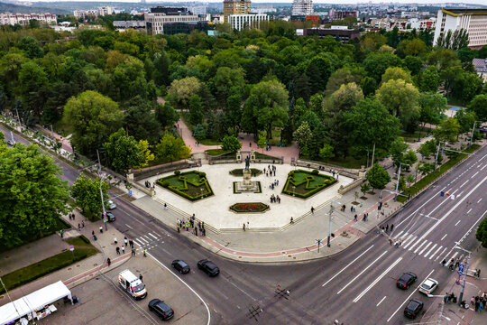Aerial view of Stephen the Great monument and park in central Chisinau