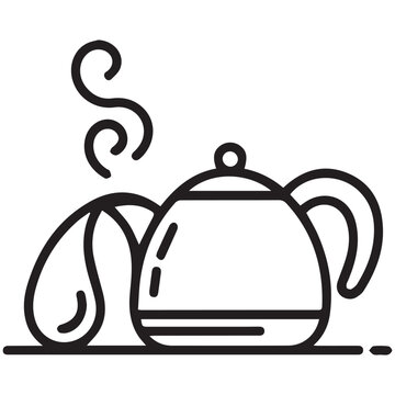 A black line drawing of a teapot with steam rising isolated on white background