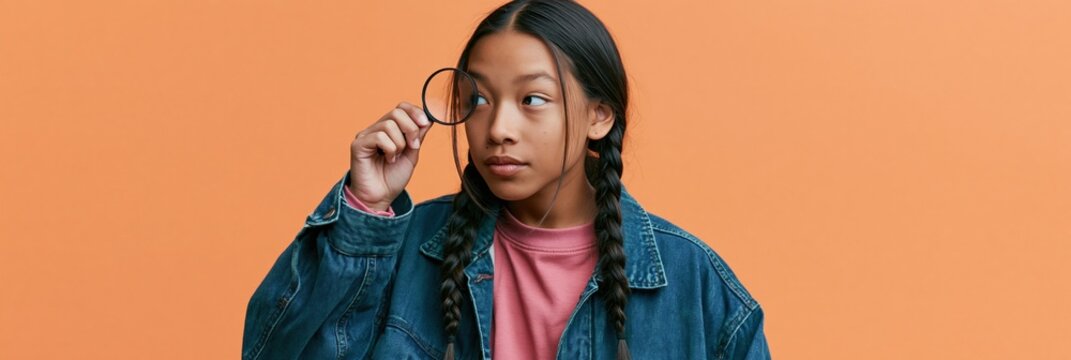 Young girl with braids holding a magnifier to her eye on orange background for education poster background and curiosity concept