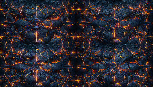 Demonic underworld tiles featuring charred bones merged with molten lava and glowing fiery cracks for a dark fantasy background