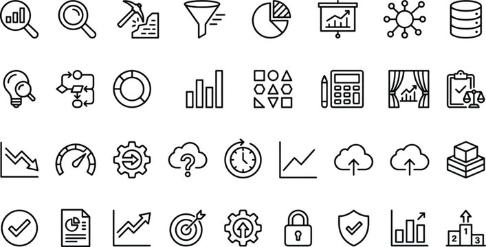 Set of black and white line representing business data analysis statistics management and digital technology concepts including charts graphs gears clouds and target symbols on white background