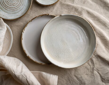 minimalist flatlay of handcrafted white ceramic plates and torn edge paper on textured linen fabric
