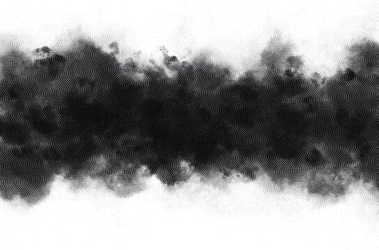 Abstract vector engraved black horizontal smoke. Woodcut texture on white. Stylized cloud with curved hatching wavy lines.