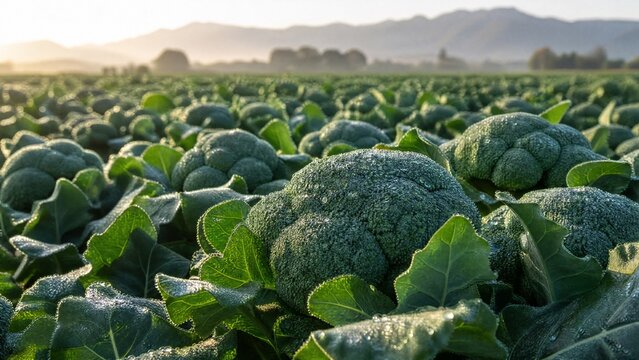 firmness. Vast field of green broccoli under soft morning sunlight with dew. gardening catalogs, home-decor guides, designed for home decor and floral branding, enhances decor appeal.