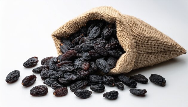 black raisins in a bag isolated on white background top view flat lay composition detailed texture of raisins minimalistic and clean